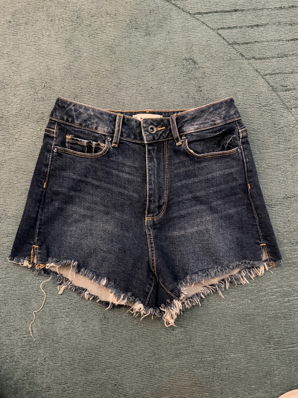 PAIGE Dark Blue Cutoff Denim Shorts with Frayed Hem